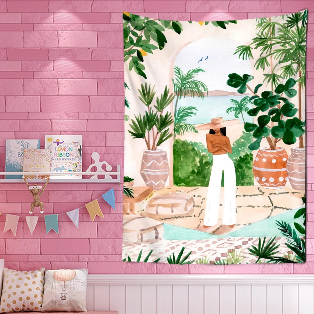 Tropical Green Plant Girl Wall - Home Decor Yoga ulasan dan harga